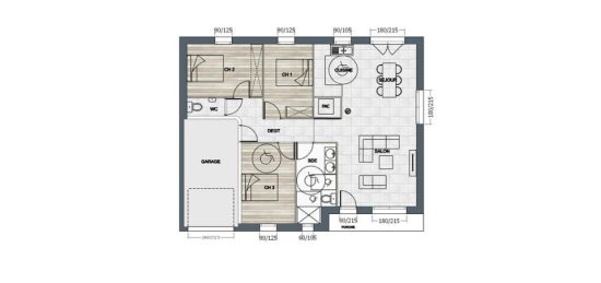 Plan de maison Surface terrain 90 m2 - 4 pièces - 3  chambres -  avec garage 